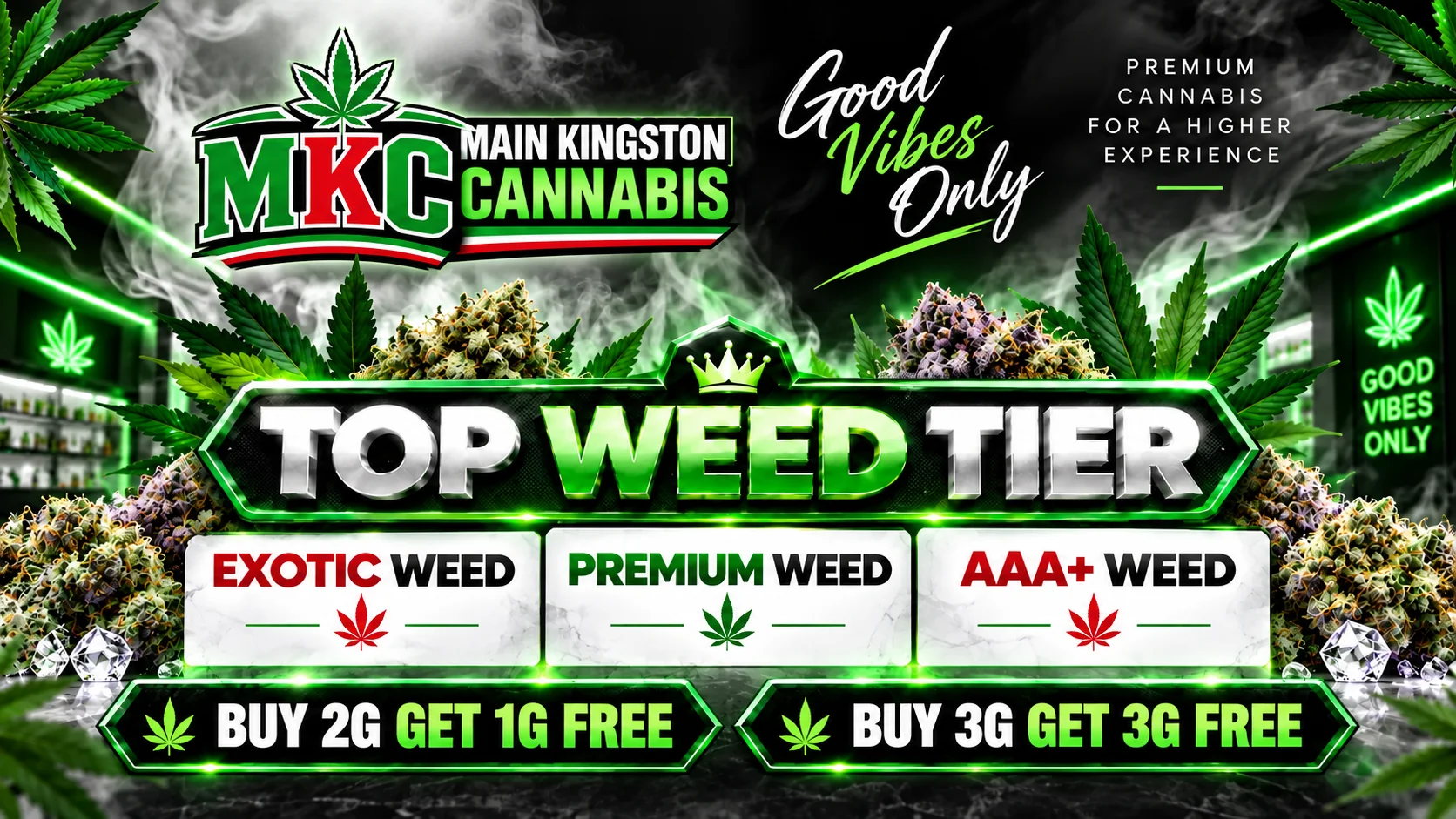 Main Kingston Cannabis top weed tiers — Exotic, Premium and AAA+ Main Kingston Cannabis in Kingston Road / Upper Beaches — Exotic, Premium and AAA+ top weed tiers